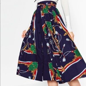Zara Printed Midi Nautical Skirt Bow Skirt Size XS